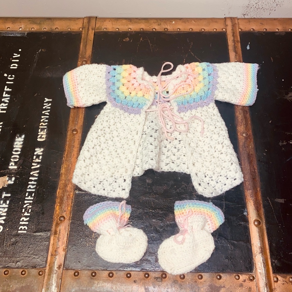Vintage Crotched Handmade Baby Sweater Set.